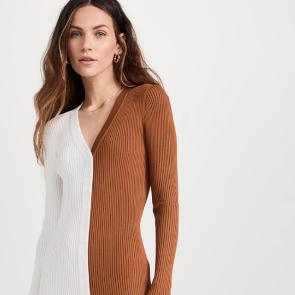 STAUD Cream and Brown Ribbed Long sleeve Cardigan Dress - Size small